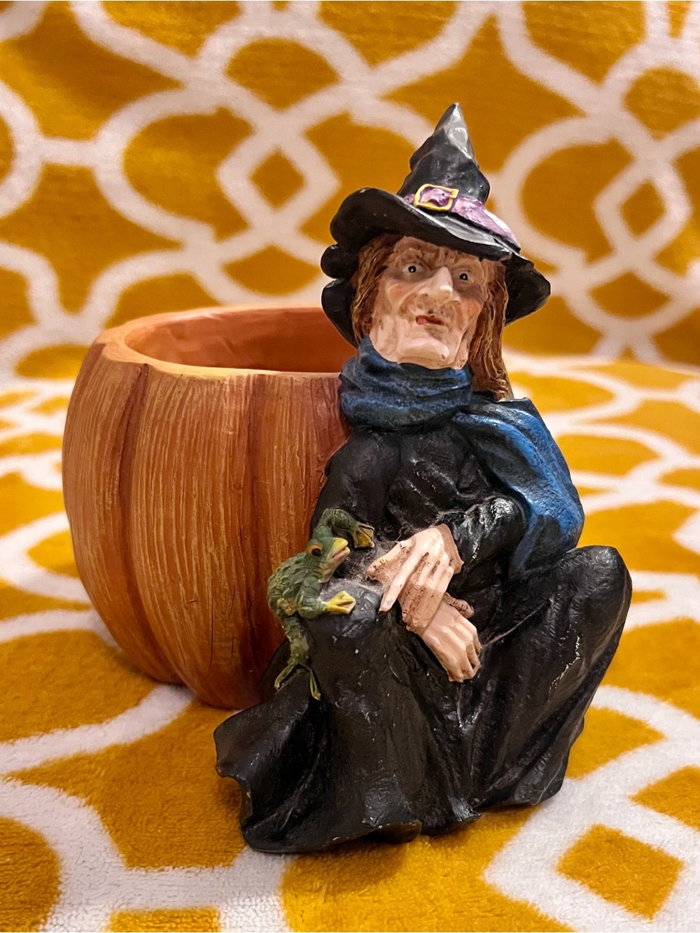 Hand-Painted Witch Figurine Planter in Black and Orange